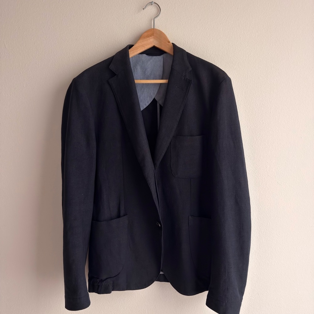 Taylor Stitch Linen Navy Men's Unstructured Sport Coat with Patch Pockets